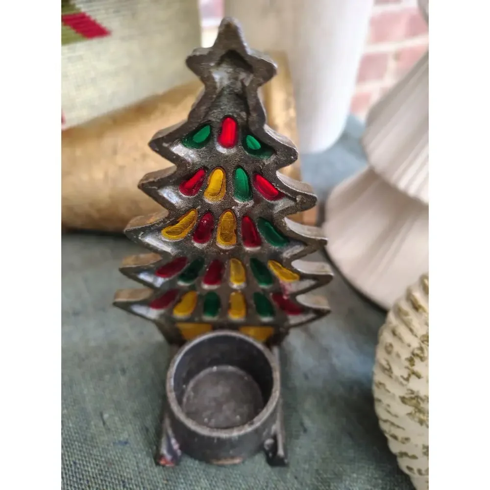 Vintage Cast Iron Christmas Tree Candle Holder – Stained Glass Window Design